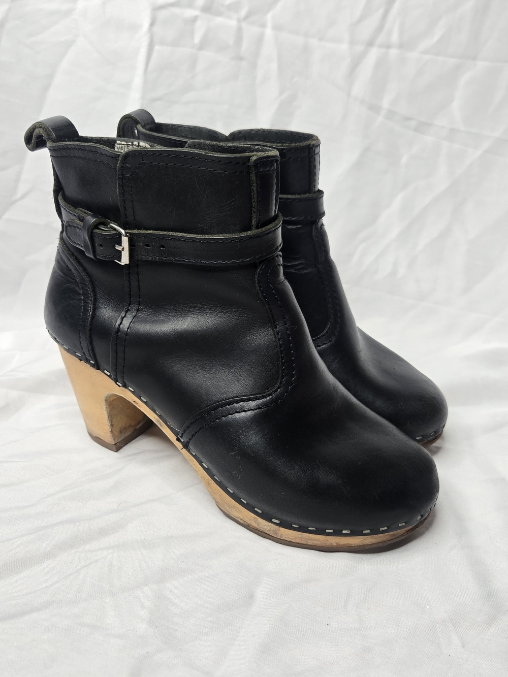 Swedish Hasbeens Toffel Black Leather Clog Ankle Boots Wooden Heel Size 39 / 9